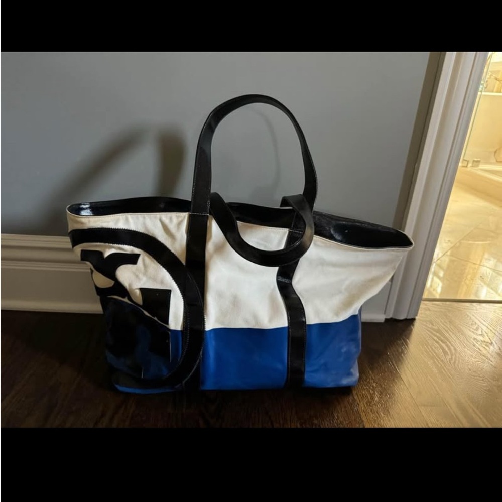 Blue and White Color Block Tote Bag